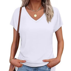 2025欧米の新型女性vネックカバー袖カジュアル上着超かわいい夏ファッション基本tシャツ