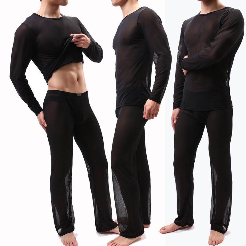 Foreign Trade In-Stock Sexy See-Through Men's Loungewear Long-Sleeve Long-Pants Set Men's Mesh Sleepwear E685