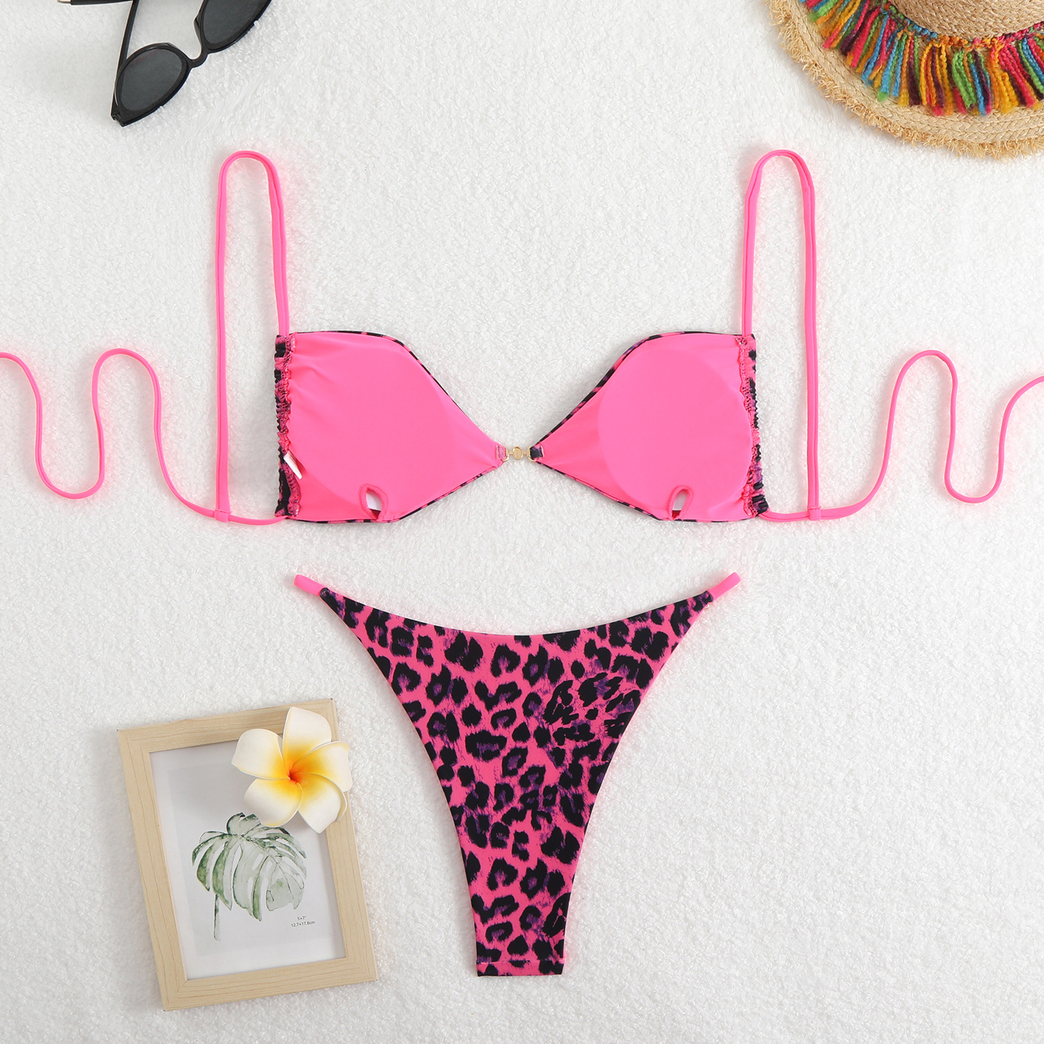 140g Weight Briefs Panties Style Bra Bra Category Polyester Fabric Type 2 Pieces Set Quantity Casual, Daily, Swimming Pool Occasion Ditsy Floral, Leopard Pattern Women's Gender Women's Ditsy Floral Leopard 2 Pieces Set Bikinis Swimwear 3