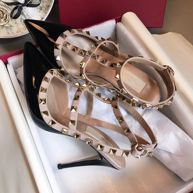 Warren V's New High-Heeled Shoes, New Rivet Two-Ring Pointed Toe Stiletto Wedding Shoes, Patent Leather Sexy High Version Genuine Leather Sandals for Women