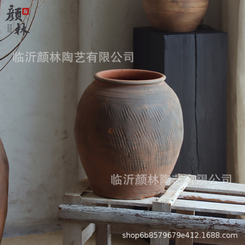 Gran vasija de cerámica de tierra gran vasija de estómago gran vasija de flores de viento tranquilo paisaje decoración residencial vasija de cerámica china estilo Zen retro