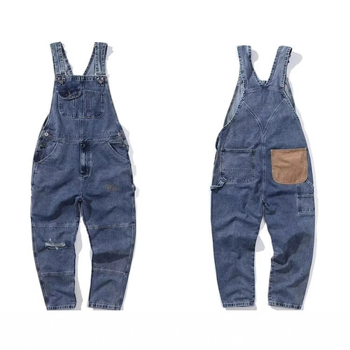 Japanese-American minimalist retro denim overalls men's fashion brand loose casual straight-leg work suspender onesie