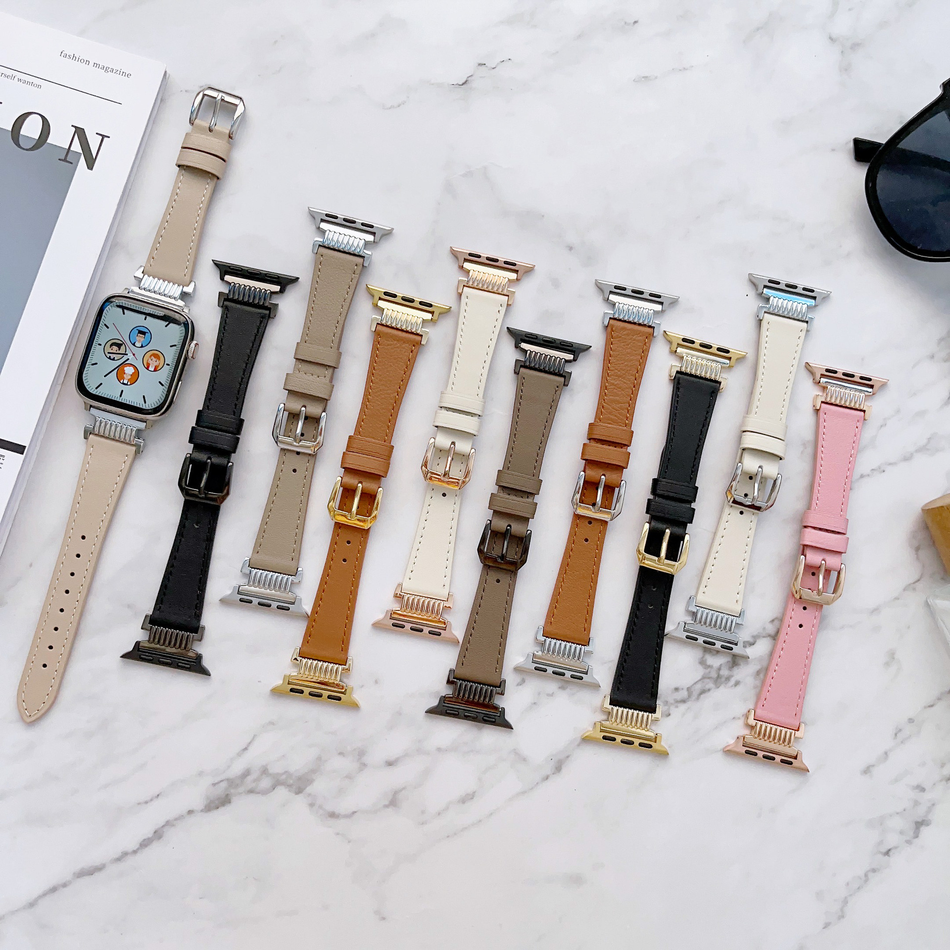Suitable for Apple 1-8 Generation Watch Strap Line Steel Plain Leather Strap iWatch se Wrist Strap