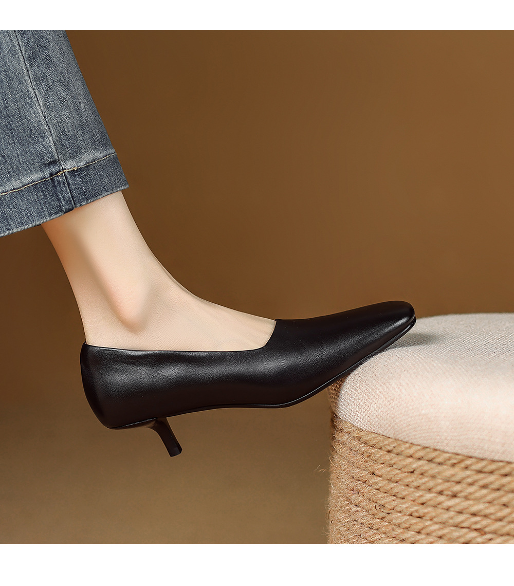 Giày nữ gót trung bình 4 cm mũi vuông da cừu kiểu bà ngoại đi làm — màu nâu chi tiết 11