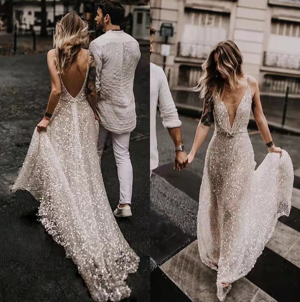 Comercio exterior europeo y americano Amazon AliExpress deseo elegante vestido de novia con lentejuelas suspender vestido largo