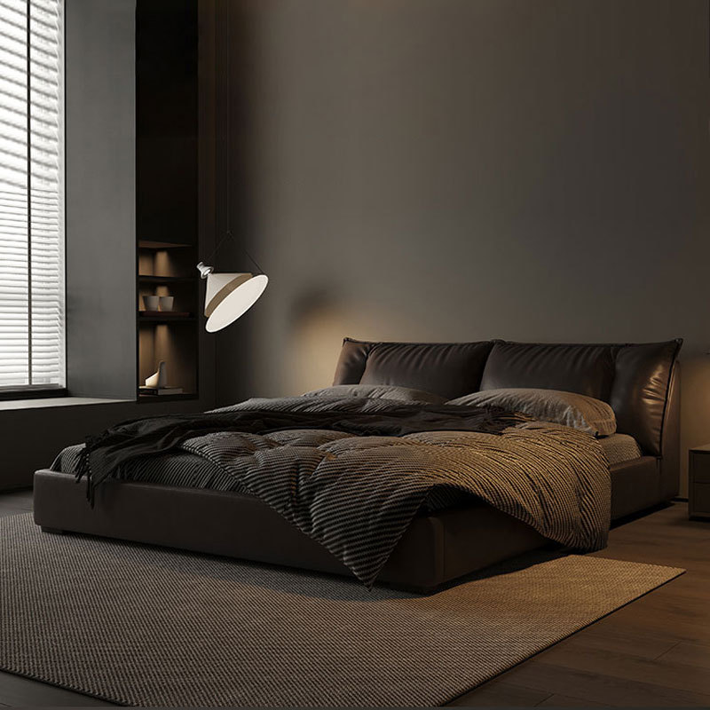 Cama de cuero minimalista italiana, cama de cuero de vaca, cama de tatami de alta gama, cama de matrimonio lujosa, cama principal, muebles de cama suave