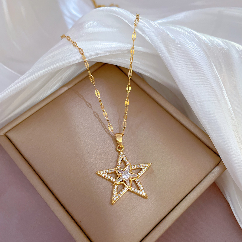 Collar de pentagrama con diamantes en oro real para mujer_voghion.com