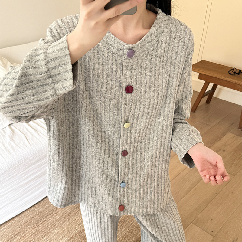 羊绒德绒睡衣女款春秋季坑条纯色长袖彩色扣子甜美可爱套装家居服|undefined