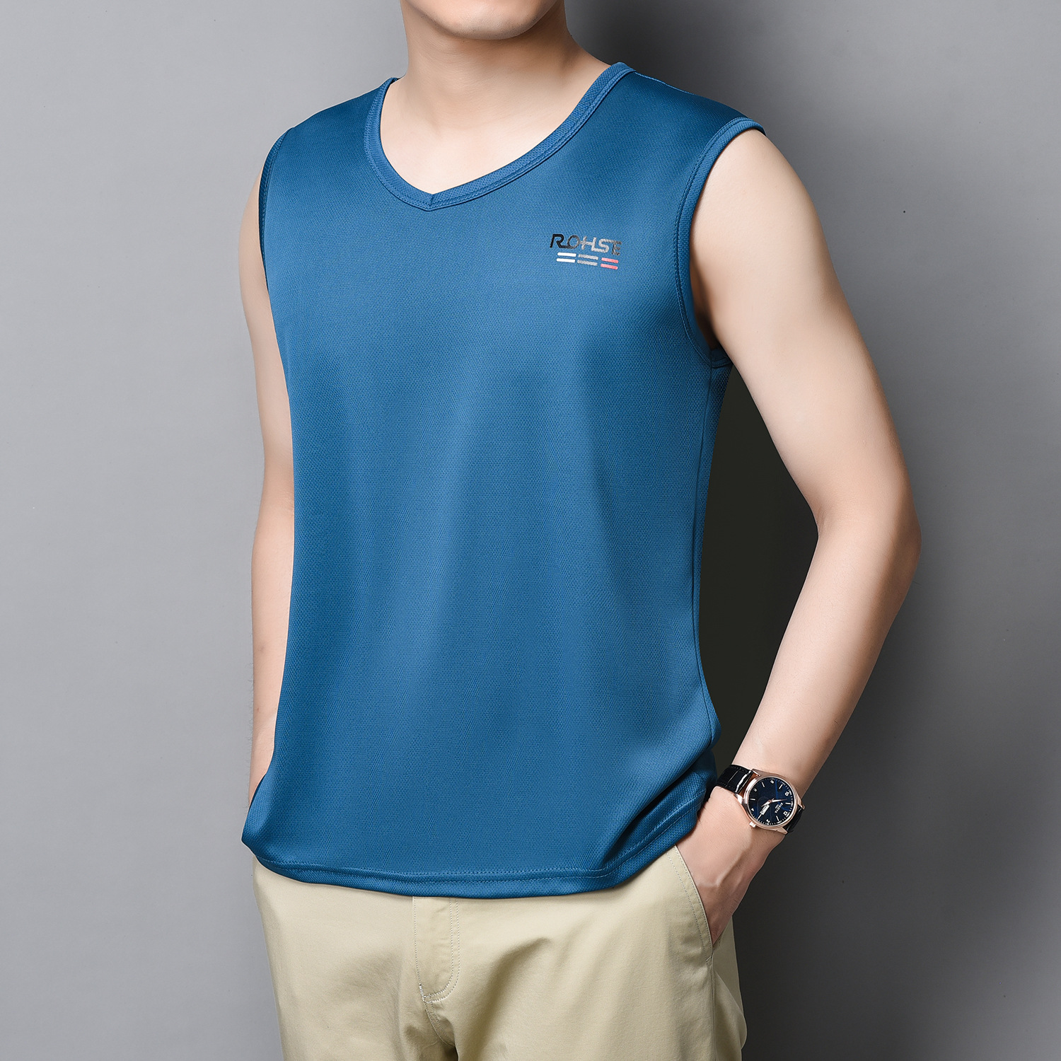 Men's solid color quick-dry vest sports sleeveless round neck loose side slit men's mesh cool silk breathable cool sweat shirt