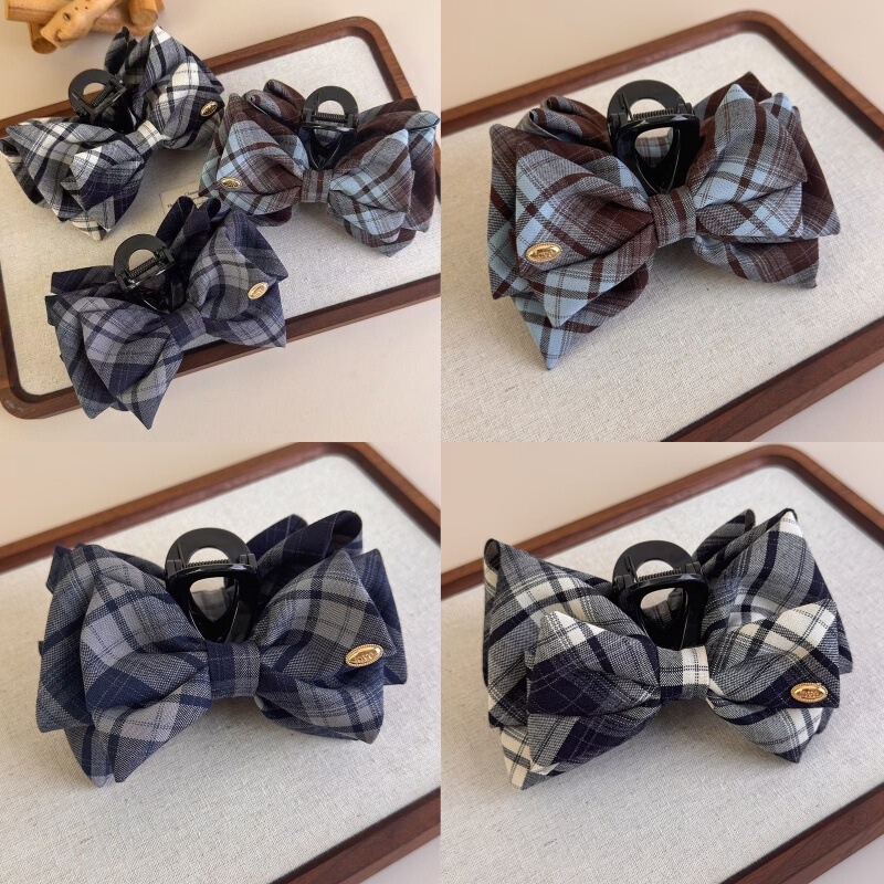 Academy-style Korean plaid bow hair clip, stylish and simple gold label shark clip, hair accessory for updos at the back of the head Academy-style Korean plaid bow hair clip, stylish and simple gold label shark clip, hair accessory for updos at the back of the head
