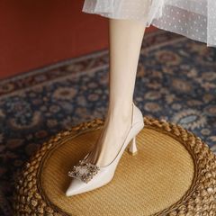 おしゃれで足が疲れない、浅口ハイヒール、女性用細ヒール、ラインストーン付き、2025春秋新作、フレンチスタイル、ファッショナブルなレディースシューズ