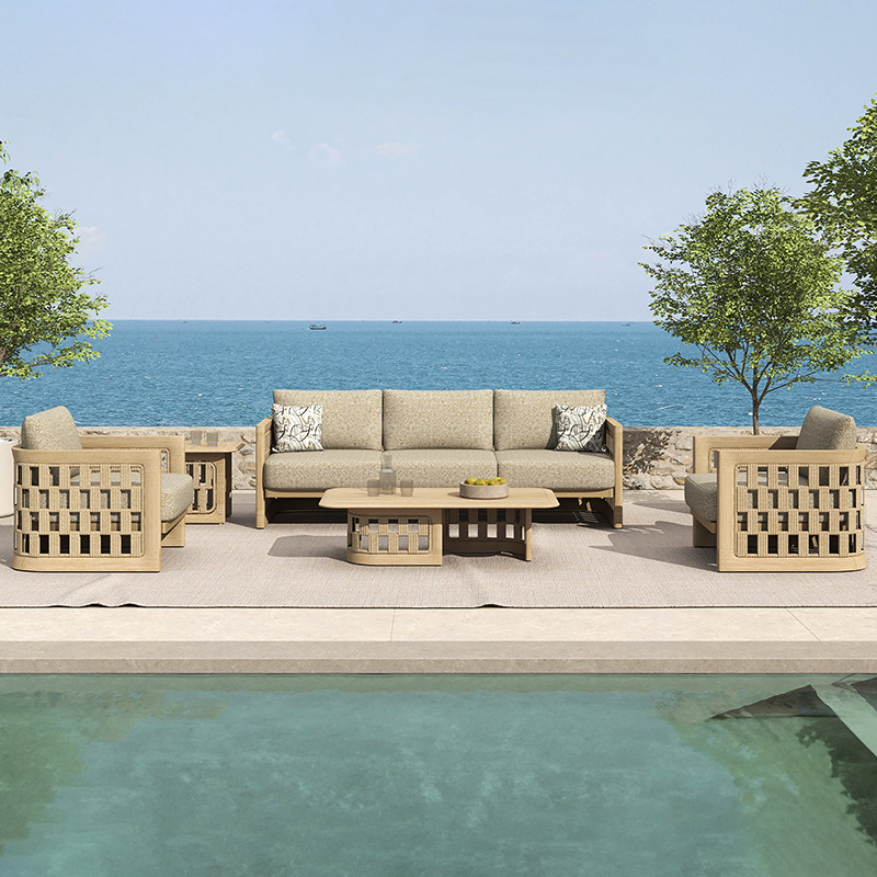 Sofá al aire libre patio villa jardín al aire libre impermeable protección solar combinación de madera maciza balcón simple ocio muebles de caña