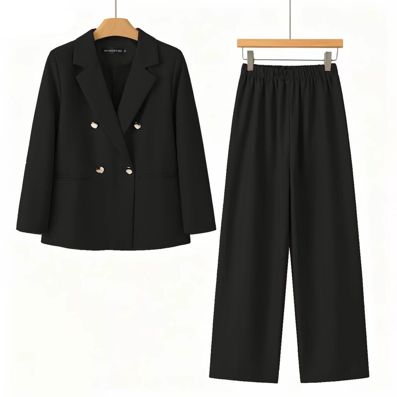 2026 New Korean-Style Black Suit Set for Women, Elegant Office Wear, High-Waisted Wide-Leg Pants, Slimming Double-Breasted Two-Piece 2026 New Korean-Style Black Suit Set for Women, Elegant Office Wear, High-Waisted Wide-Leg Pants, Slimming Double-Breasted Two-Piece