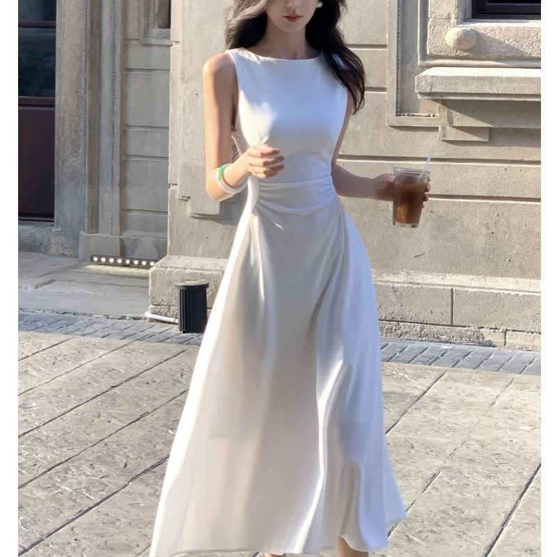 Spring and Summer New Style Sleeveless Mid-Length French-Style Elegant Waist-Cinching Slimming Off-The-Shoulder White Dress for Wedding Toast Attire for the Bride