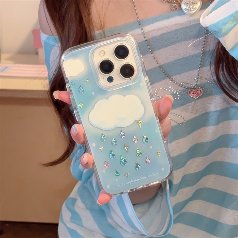 Spotted Blue Clouds Rhinestone Rain Apple 16Pro Max Phone Case for 14pro New Double Layer 15pro/13P