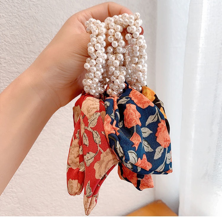 De las mujeres de estilo coreano arco floral cuerda del pelo de la vendimia cinta de perlas banda de pelo Mori headwear lazo del pelo banda de goma de las mujeres