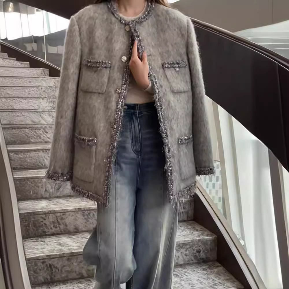 두꺼운 사교적 인 짠 샤넬 스타일 다운 코트 가을과 겨울 새로운 풍부한 홈 골드 고급 양모 탑