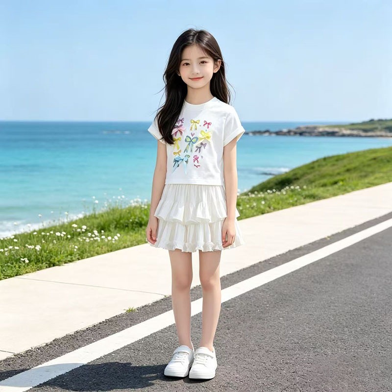 【上衣纯棉 裙子涤纶】女童套装夏季洋气蝴蝶结T恤白色半身裙