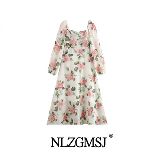 2024 autumn new women's clothing European and American style fresh retro fashion chiffon flower waist dress