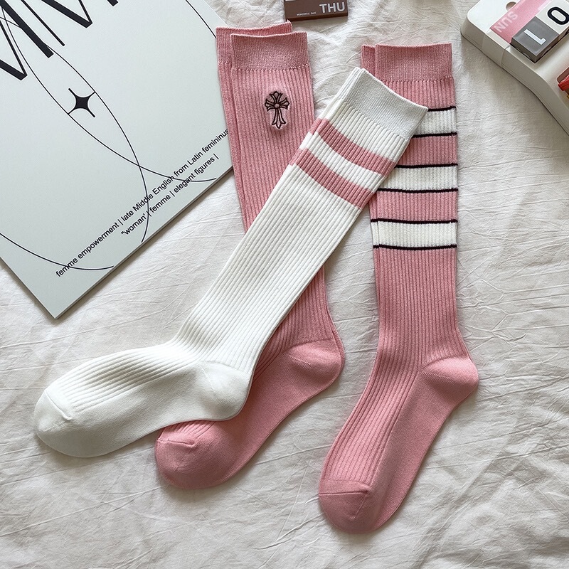 Women's Spring New Arrival Striped Embroidered Pink Long Tube and Knee Socks Women's JK Style Sweet Calf Socks Women's Socks
