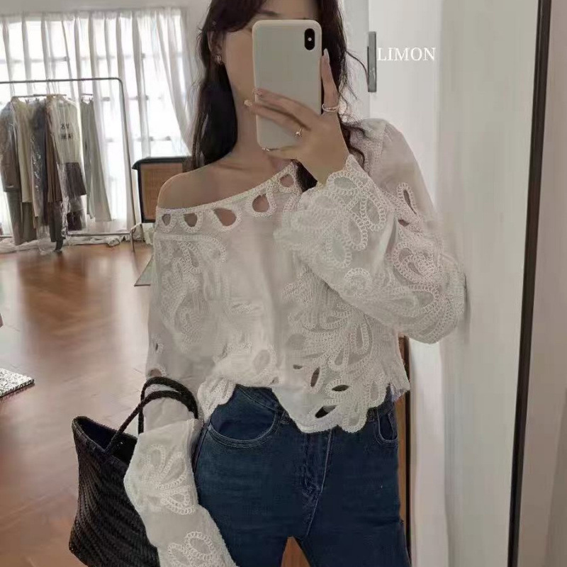 韩系设计感镂空刺绣长袖套头衬衫女春秋新款独特绝美宽松露肩上衣|undefined