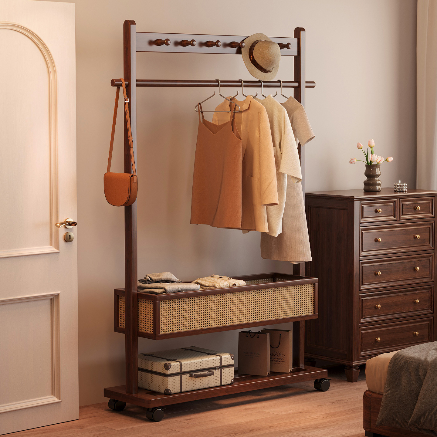 Percha de ropa vertical móvil doméstica para el piso del dormitorio que no ocupa espacio para organizar y almacenar un estante de almacenamiento integral