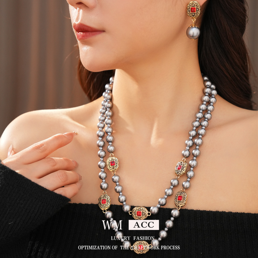 Medieval vintage elíptico con diamantes de doble capa collar de perlas cadena de suéter retro lujo ligero conjunto de joyas de alta calidad