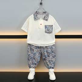儿童夏季短袖套装男童痞帅镂空POLO衫夏装防蚊裤薄款宝宝两件套潮