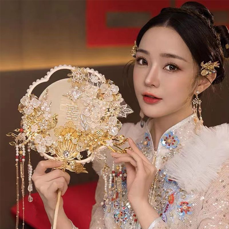 新娘结婚秀禾团扇新中式古风双面手工成品遮面香槟色蕾丝花朵团扇|undefined