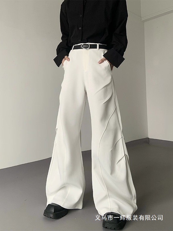 American Design White Splicing Drape Pleated Niche Micro-Flared Scimitar Trousers Men's Wide-Leg Wholesale