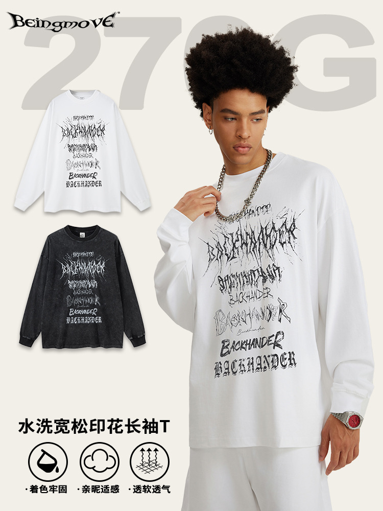 2025 otoño marcas de moda europeas y estadounidenses nicho de calle comprador tiendas sueltas vibe lavado con agua de alta calidad camiseta de manga larga moda masculina