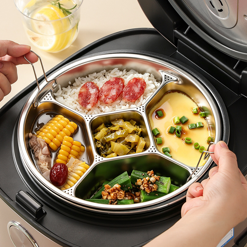 316 Stainless Steel Steaming Tray with Handle, Five-Compartment Tray for Home and Commercial Use, Cafeteria Kitchen Prep Tray