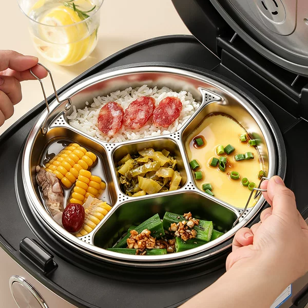 316 Stainless Steel Steaming Tray with Handle, Five-Compartment Tray for Home and Commercial Use, Cafeteria Kitchen Prep Tray