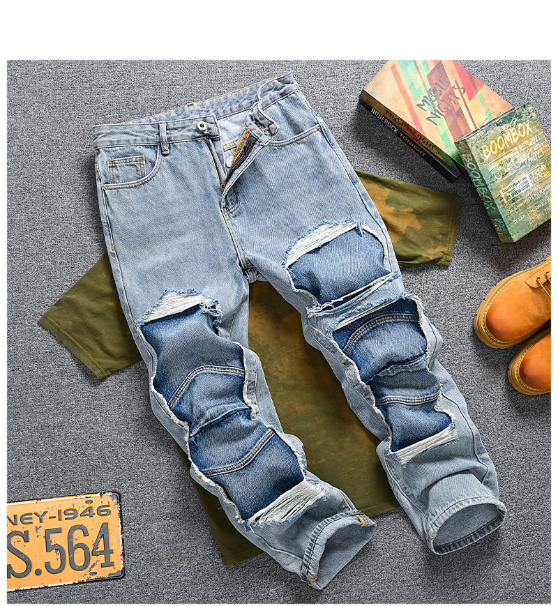 Men's Clothing Retro Distressed Patchwork Jeans For Men, Loose Straight Leg, Trendy Brand Pants._mkmklike.com