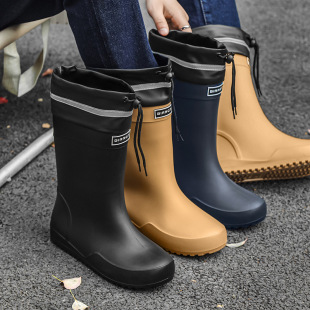 Cross-border Fashion mid-calf rain boots men's drawstring Korean style outdoor all-match waterproof rubber shoes thick bottom wear-resistant kitchen non-slip shoes