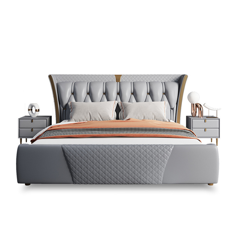 Luz de estilo italiano de lujo de cuero genuino cama moderna simple cama doble primera capa de piel de vaca dormitorio principal Internet celebridad cama suave de alta gama elegante cama de boda