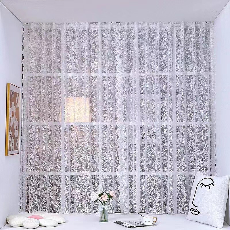 Cs Sheer Curtain Bay Window Inward Opening Window Beaded French Retro Magic Tape No-Drill Lace Bedroom Curtain Door Curtain