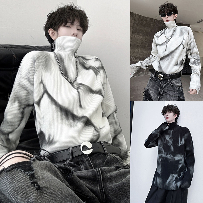 Rendimiento de camisetas de punto suéter de hombre cuello medio alto con la personalidad de la camiseta de invierno y otoño al por mayor fábrica transfronteriza