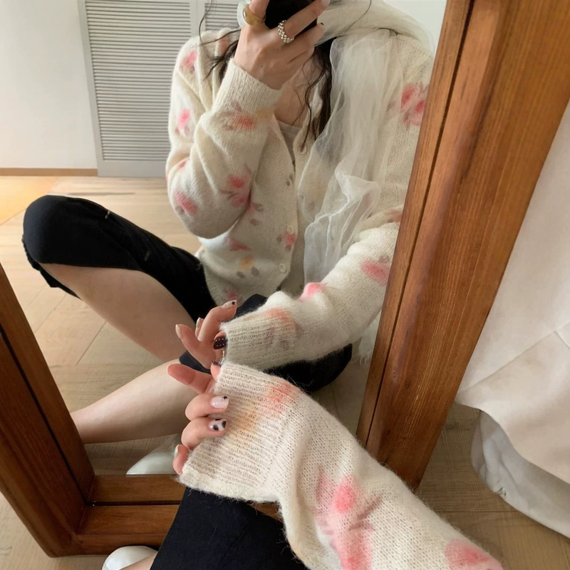 2026 Autumn/Winter New Knitted Cardigan Korean Style Mohair Round Neck Printed Women's Versatile Floral Sweater Outerwear Top