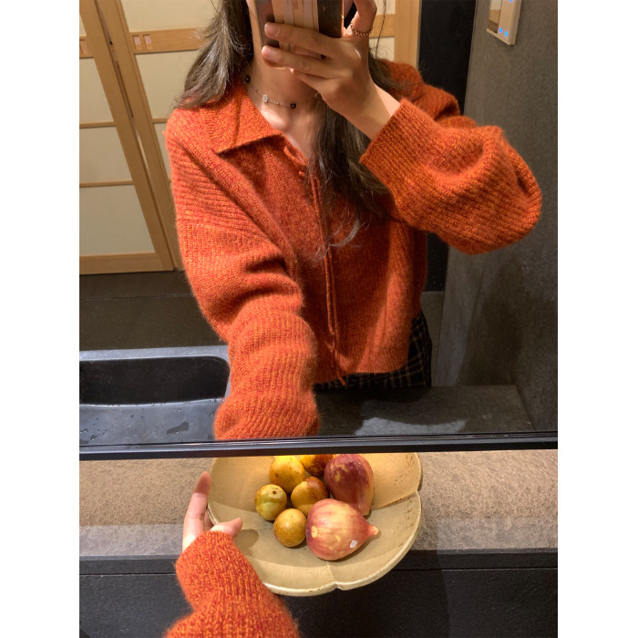 韩系温柔风简约纯色系带翻领毛衣女秋冬软糯百搭松弛感针织衫上衣|undefined