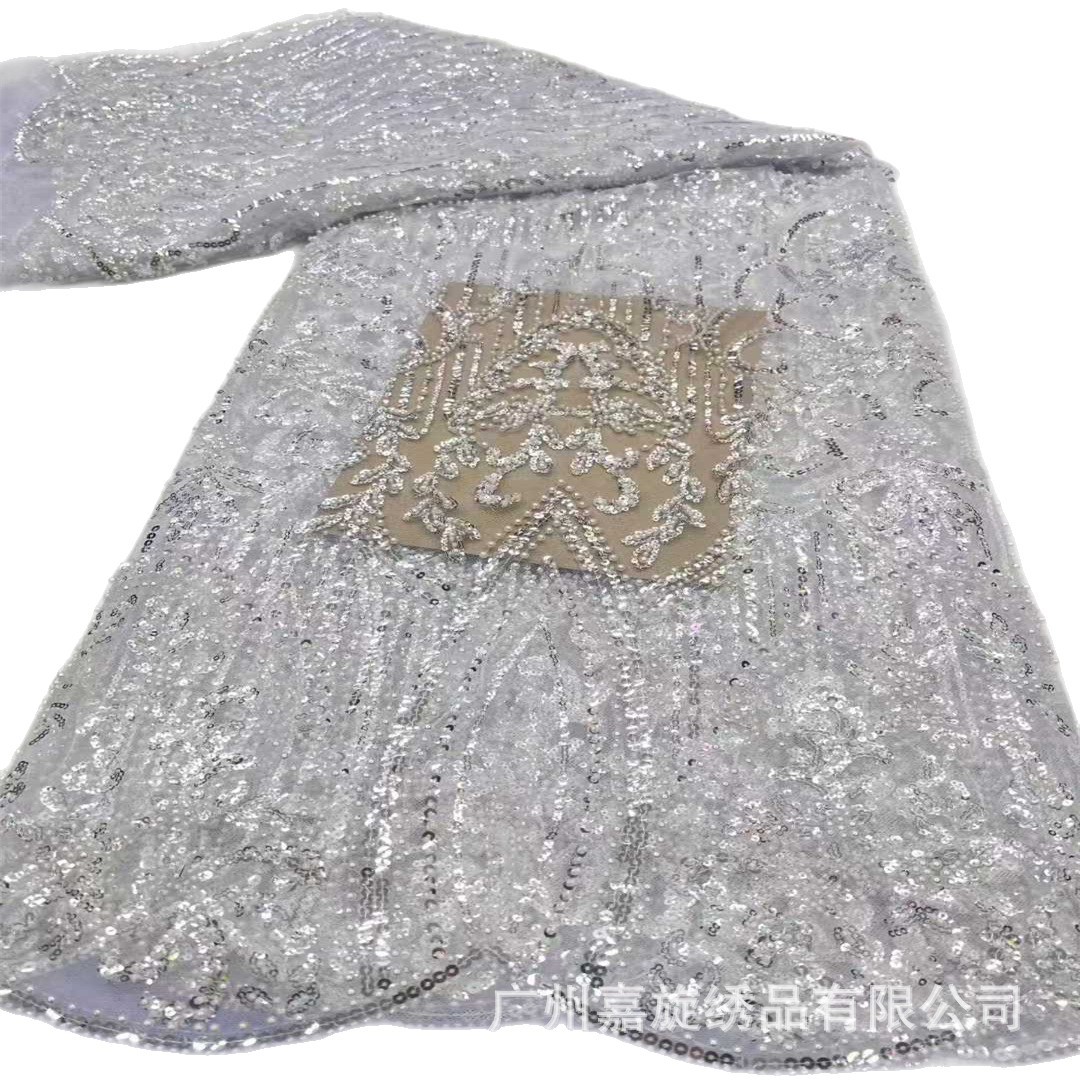 Tela de encaje con lentejuelas de doble hilera beige, tela de malla simple para vestido de mujer, vestido de novia, tela para ropa infantil