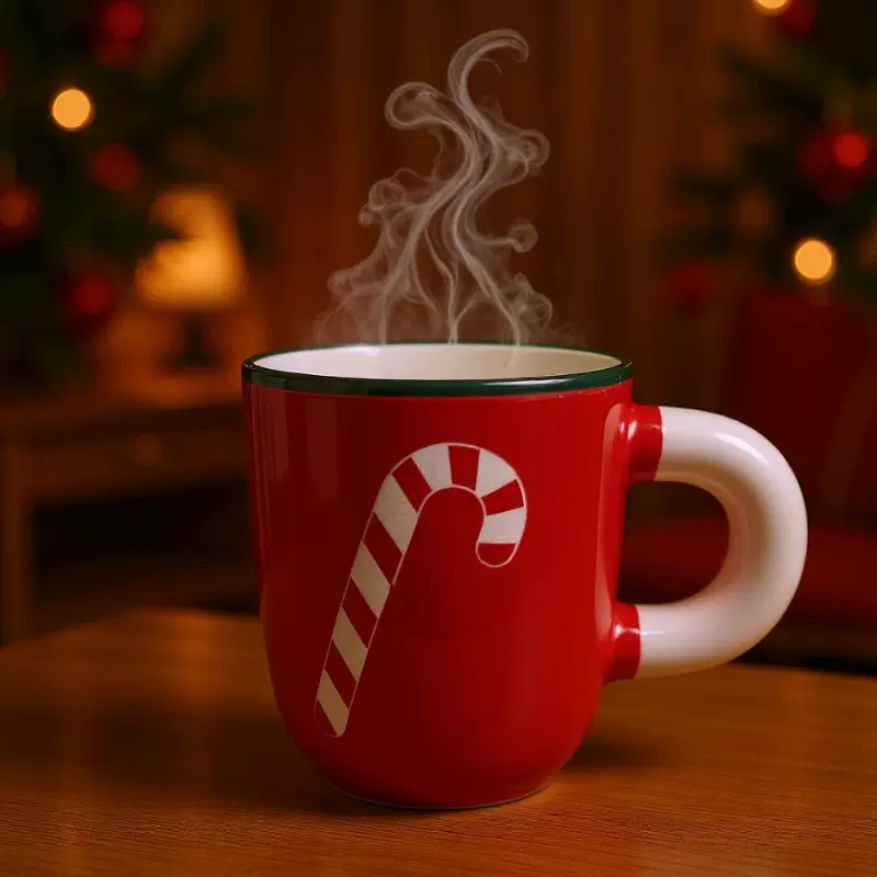 创意糖果拐杖激光雕刻陶瓷杯家用高颜值圣诞胖手柄牛奶早餐咖啡杯