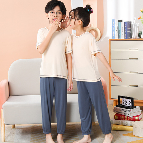 Children's pajamas, boys' summer thin short-sleeved suits, girls' air-conditioned clothes, medium and large children's baby home clothes, nine-minute pants