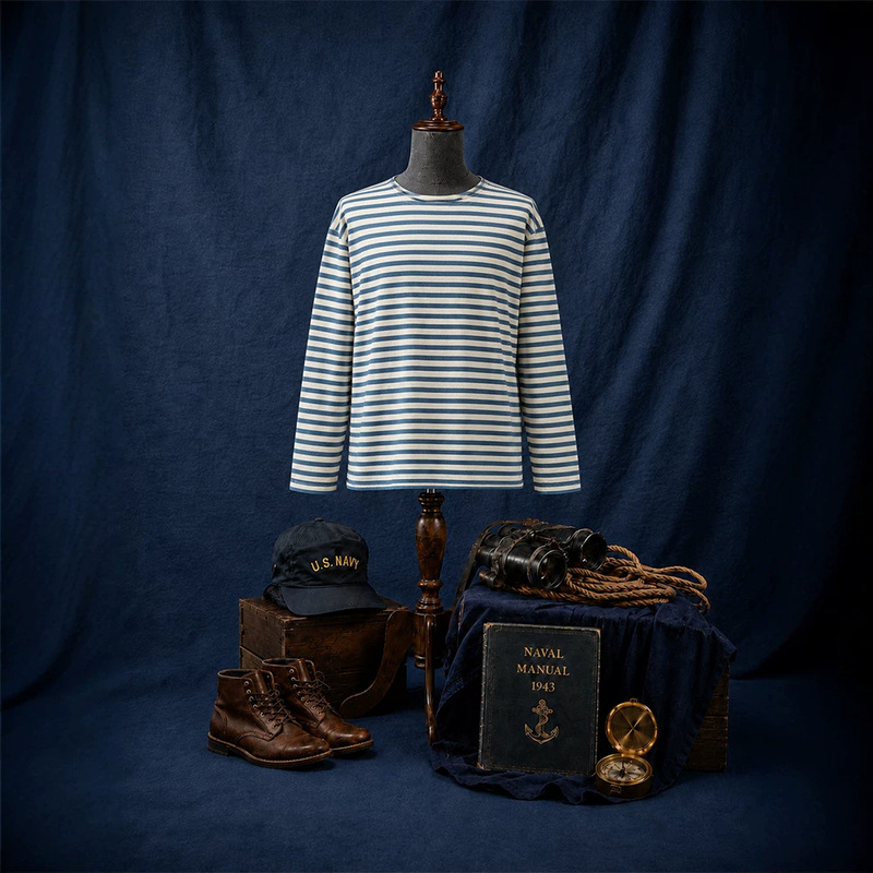Original Off-The-Shoulder Loose Casual T-Shirt for Men, Blue and White Striped T-Shirt, Versatile Long-Sleeve Sailor Shirt for Men, Enhances Complexion