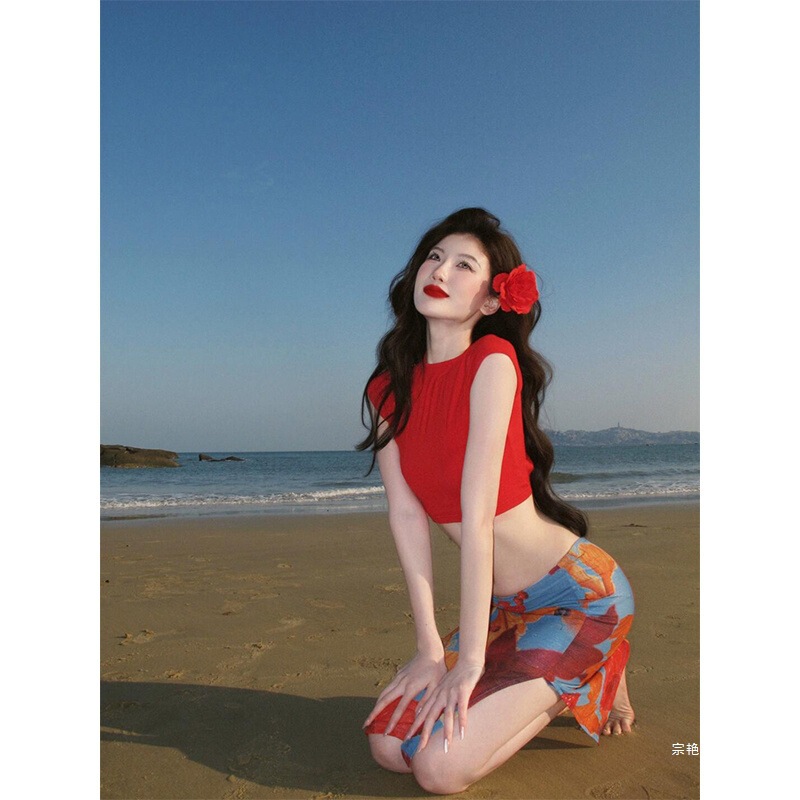Midsummer Hot Beach Island Vacation Sensual Slim Printed Skirt Slit Backless Short T-Shirt Sexy Suit for Women Midsummer Hot Beach Island Vacation Sensual Slim Printed Skirt Slit Backless Short T-Shirt Sexy Suit for Women