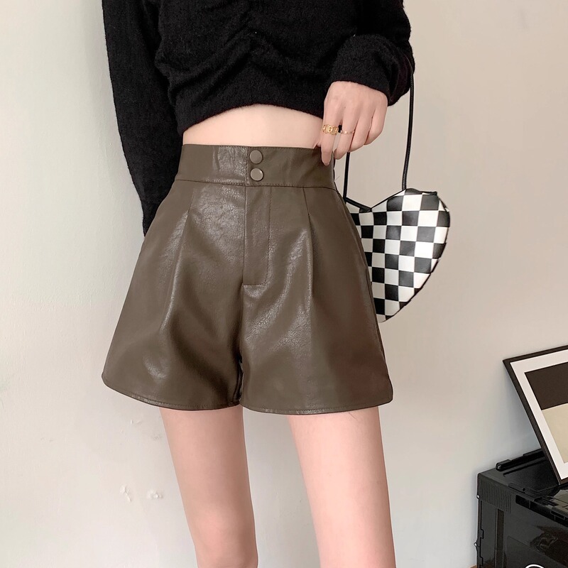 PU Leather Black High-waist Suit Shorts Women's Autumn Thin Anti-glare Small plus size Slimming Casual Wide-leg Short