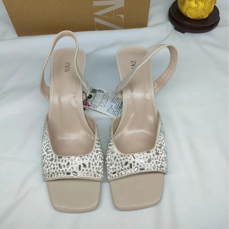 Foreign Trade 2023 New Women's Shoes ZA High Heel Sandals with Square Toe Open Toe Glass Rhinestone Thin Heel Women