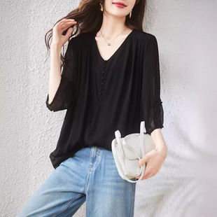 Real in stock Half Sleeve Top Women's V-Neck Elegant Shirt Black plus size Loose Belly Covering Chiffon Shirt