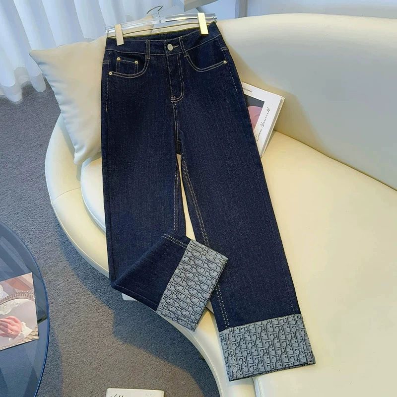 Denim Blue Cropped Straight-Leg Jeans for Women, Spring and Autumn New Style, Cuffed Printed Petite Plus-Size Wide-Leg Pants