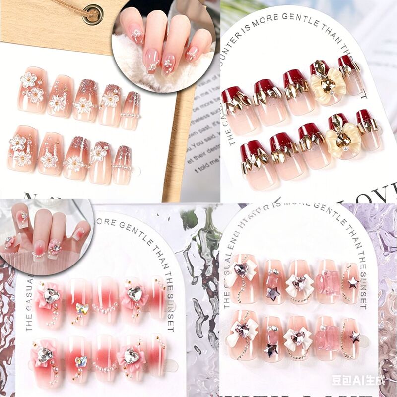 Cross-Border 24-Piece Nail Art Collection with Butterfly, Flower, and Rhinestone Designs, High-End Wearable Nails, Pure and Desirable Short Nail Stickers Wholesale